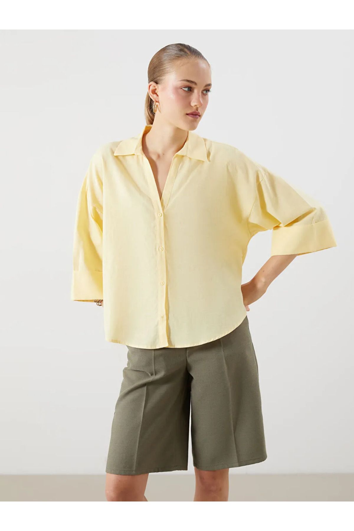 LC Waikiki LCW Vision Sari Oversize Keten Karışımlı Kadın Gömlek