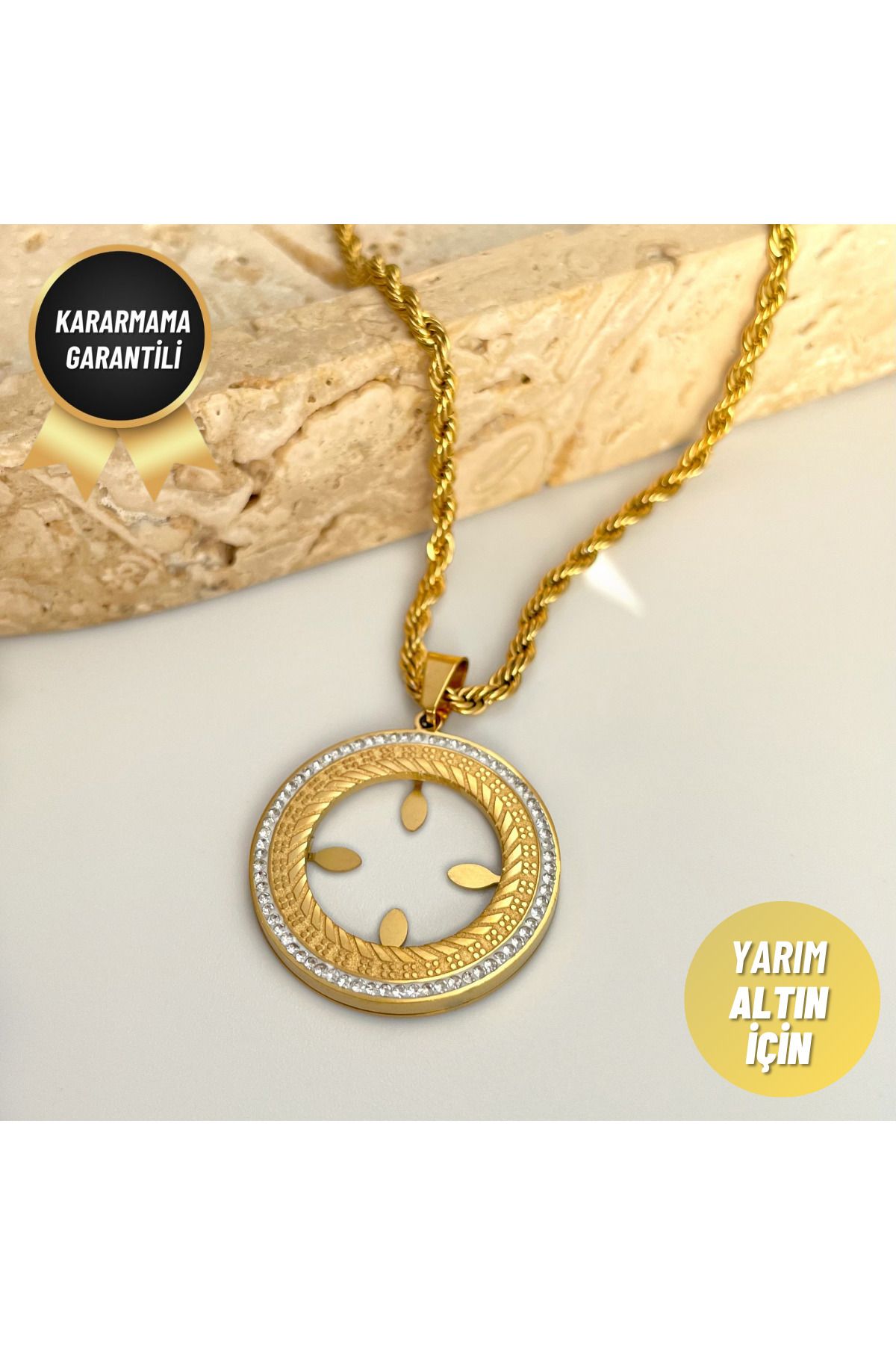 nerora Kararmaz Çelik Gold Taşlı Yarım Altın Burgu Zincir Kolye 22 Ayar Altın Kaplama