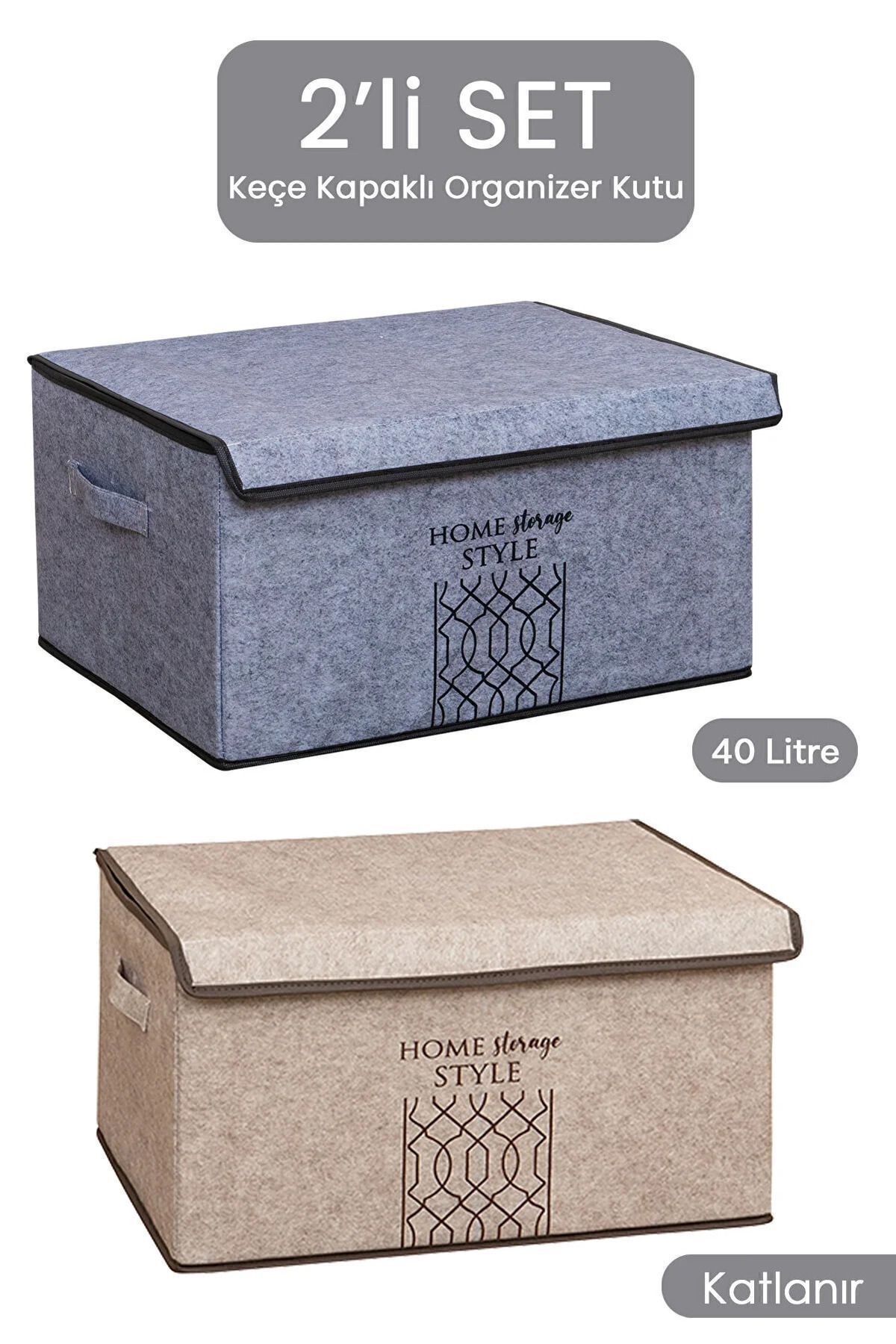 teknotrust 2'li Çok Amaçlı Keçe Kapaklı Katlanır Maxi Kutu 47x37x24 cm, Dolap İçi Organizer Bej-Gri