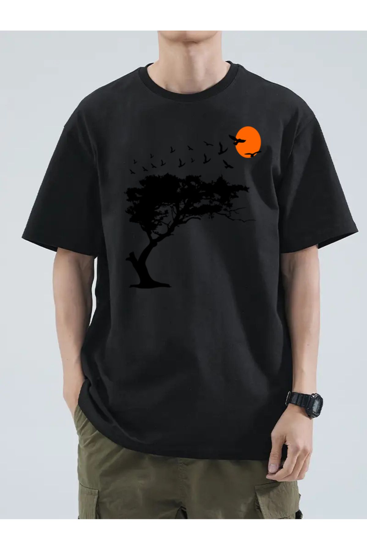 MARKATEM nature baskılı bisiklet yaka rahat kalıp oversize t-shirt