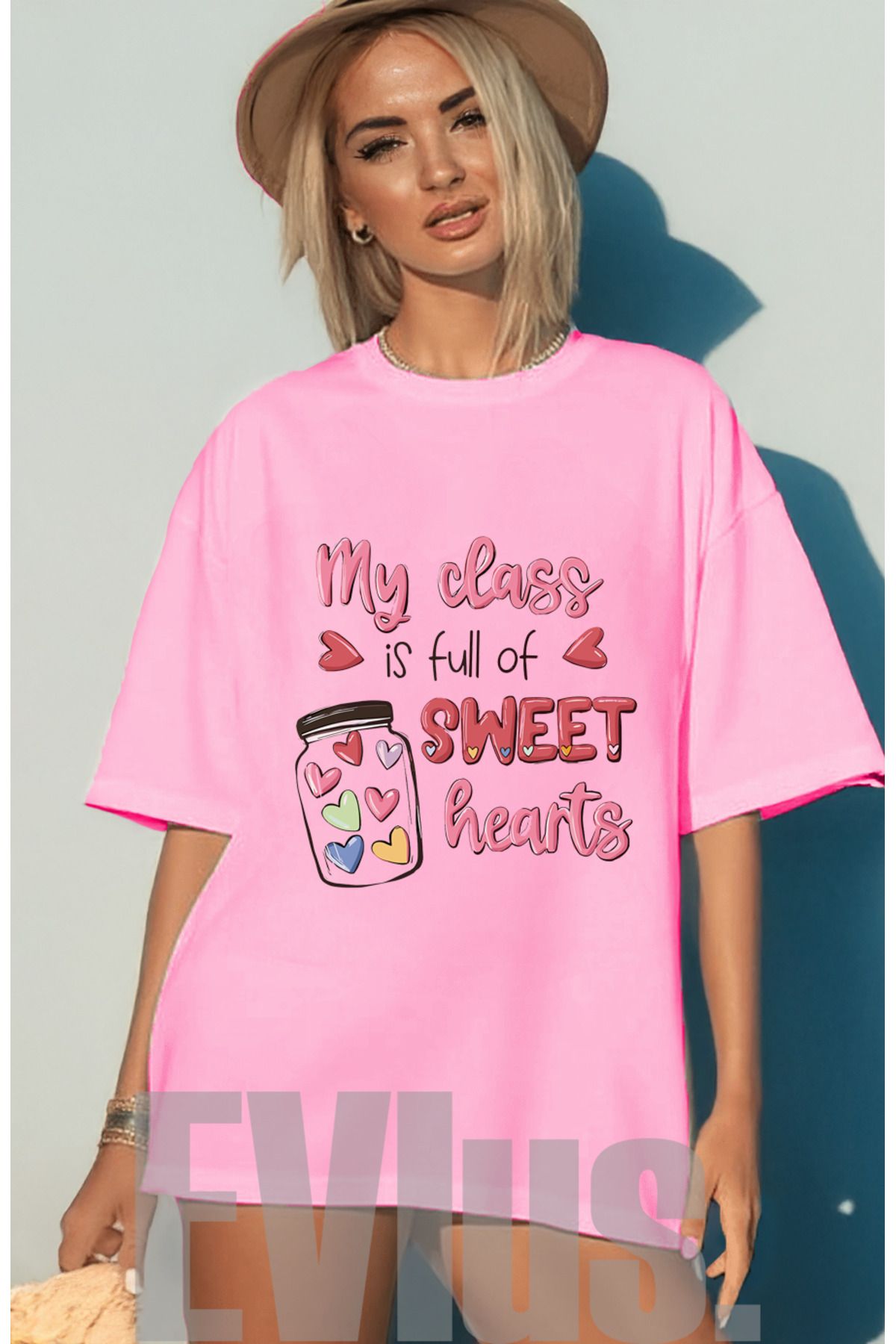 EVIus Oversize Sweet Hearts Baskılı Bisiklet Yaka T-Shirt