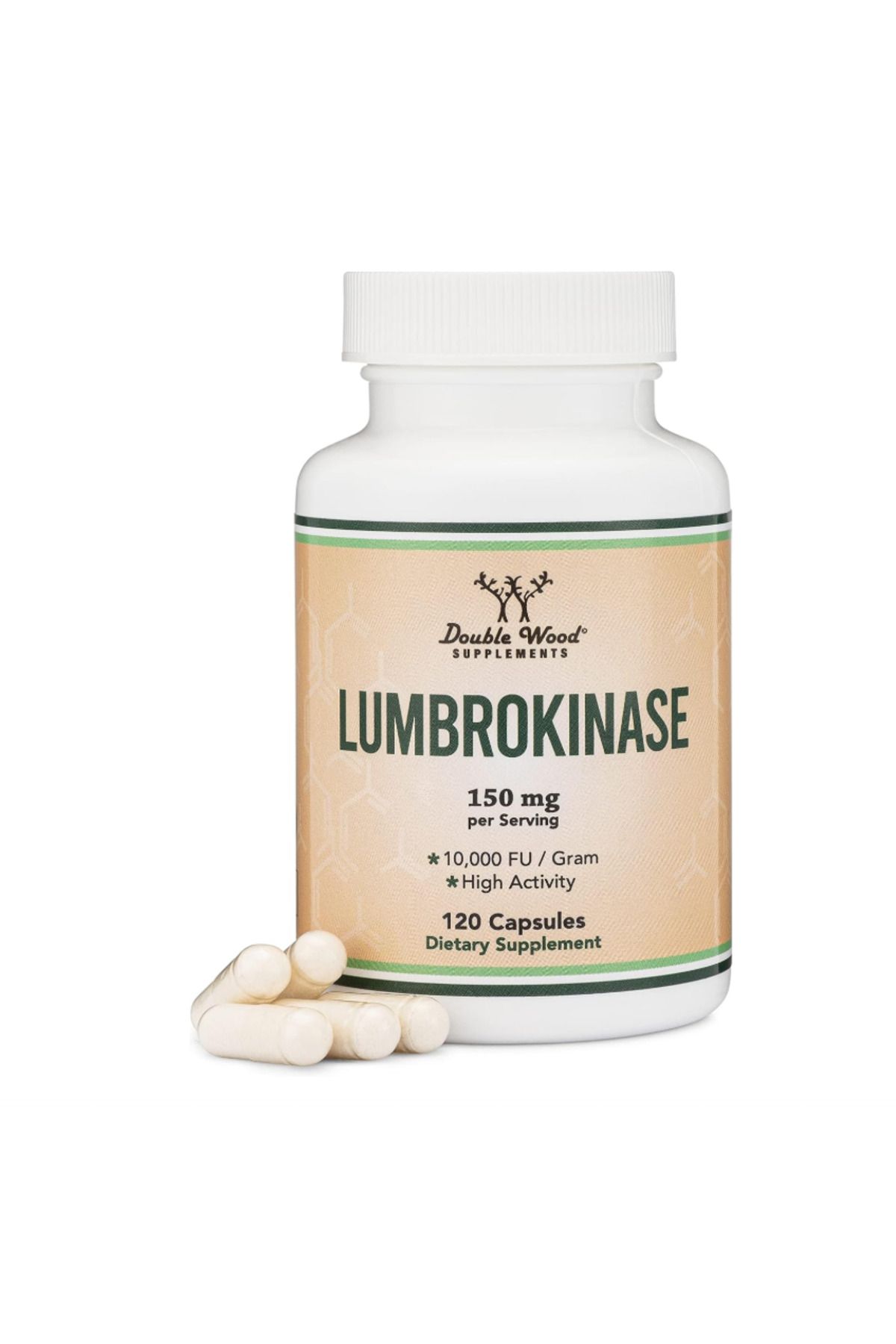 DOUBLE WOOD Lumbrokinase Enzymes (Max Activity 10,000 FU/Gram) 150mg per Serving 120 Capsules