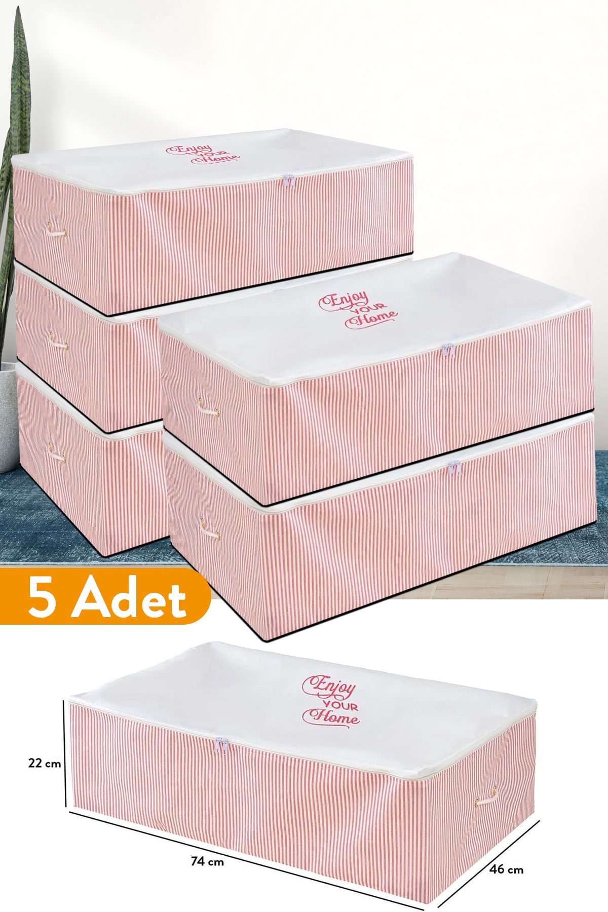 teknotrust 5 Adet Pembe Çizgili Baza Altı Hurç, 74x46x22 cm, şık ve kullanışlı depolama çözümü