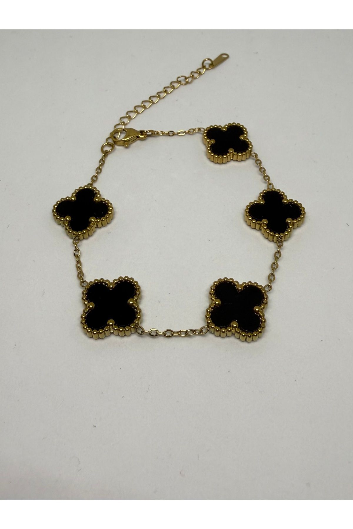 Gulsah's Store Çelik gold van cleef yonca siyah bileklik