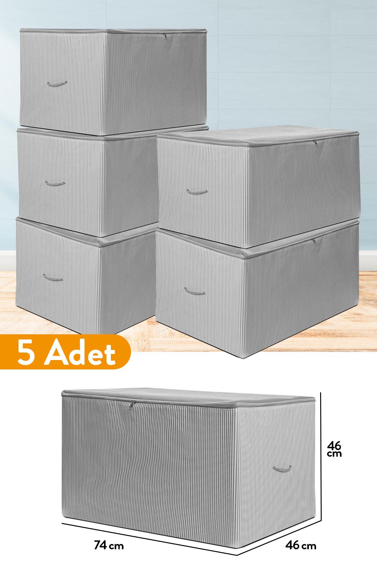 teknotrust 5 Adet Antrasit Çizgili Büyük Boy Hurç 74x46x46 cm Seti