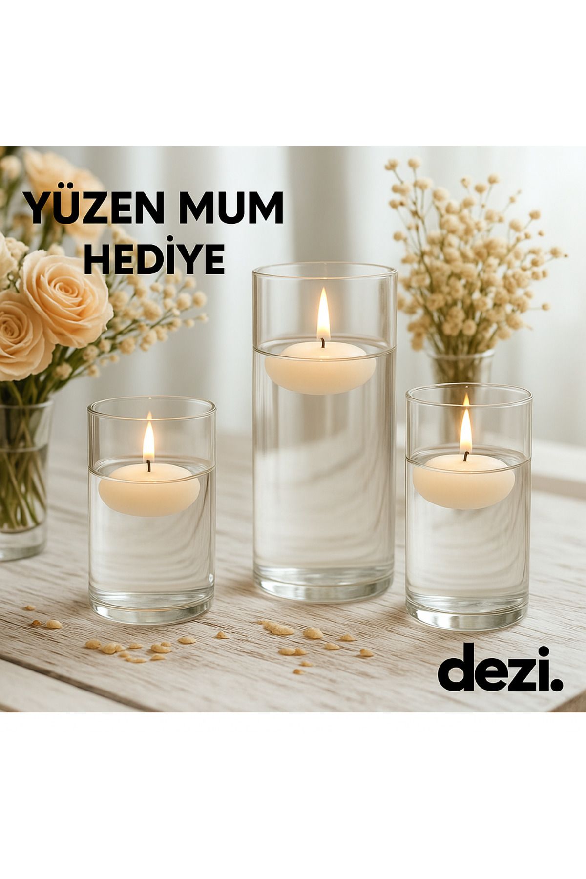 Saatistan Şeffaf silindir cam vazo, 3'lü dekoratif mumluk seti, özel kutu ve yüzen mum hediye