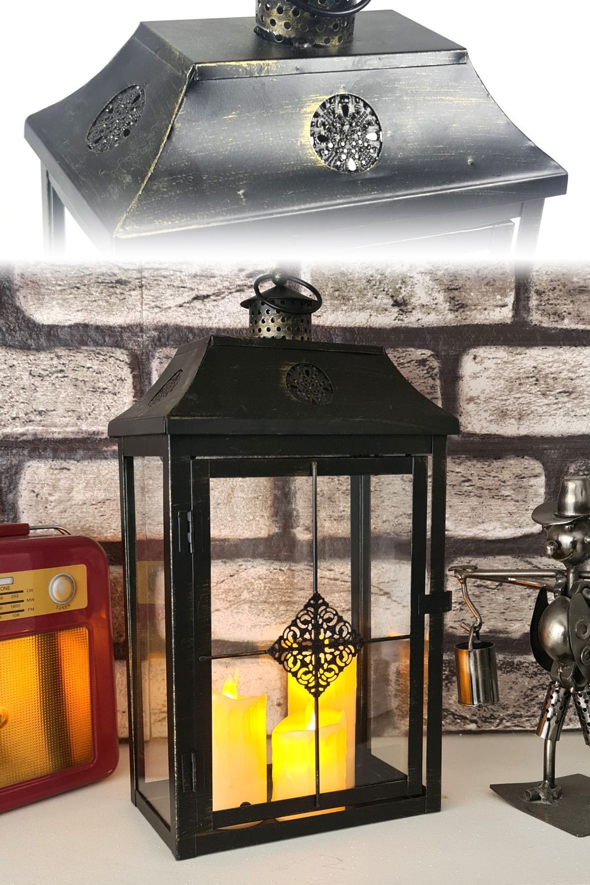 Elioure Kahverengi Eskitme Metal Mum Feneri, 41cm, Şamdan ve Tealight Mumluk tarzında.