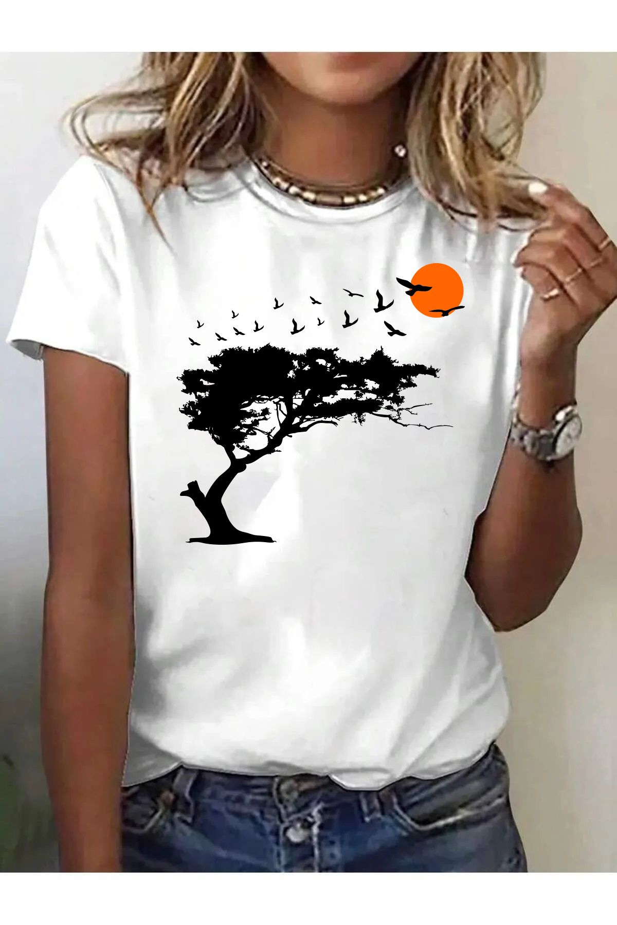 MARKATEM nature baskılı bisiklet yaka rahat kalıp oversize t-shirt