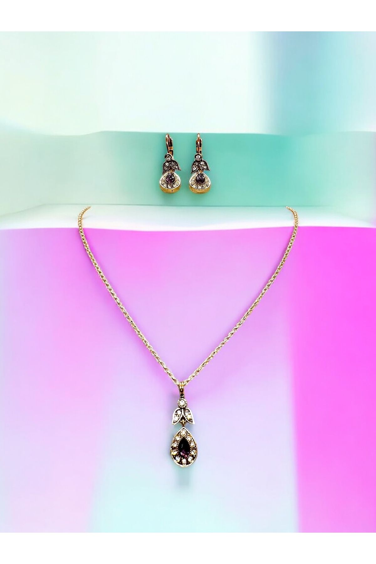 FUYA JEWELLERY Zirkon Taş Detaylı Kristal Damla Kolye, Küpe Set