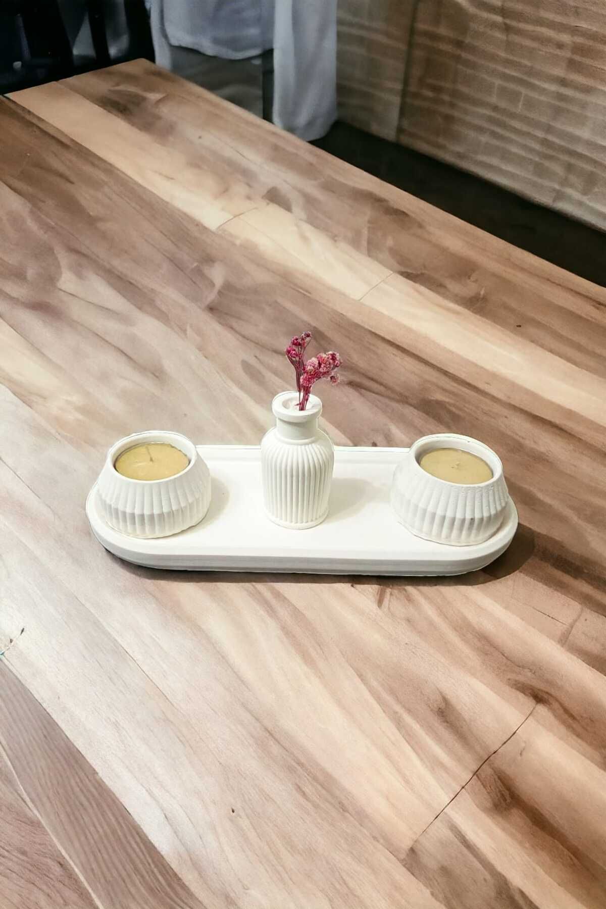 Saatistan Çizgili tealight mumluk ve mini vazo, kuru bitki dekoratif hediye, oval tabaklı, beyaz
