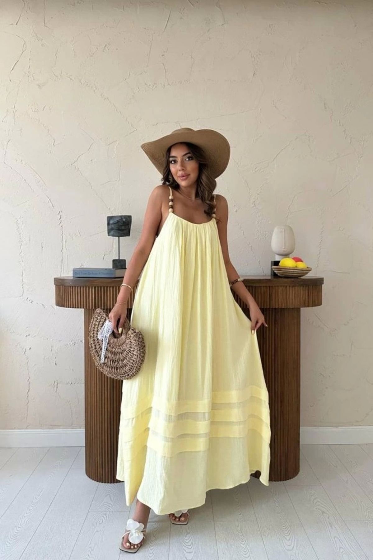 Butik Sarı Askılı Müslin Elbise