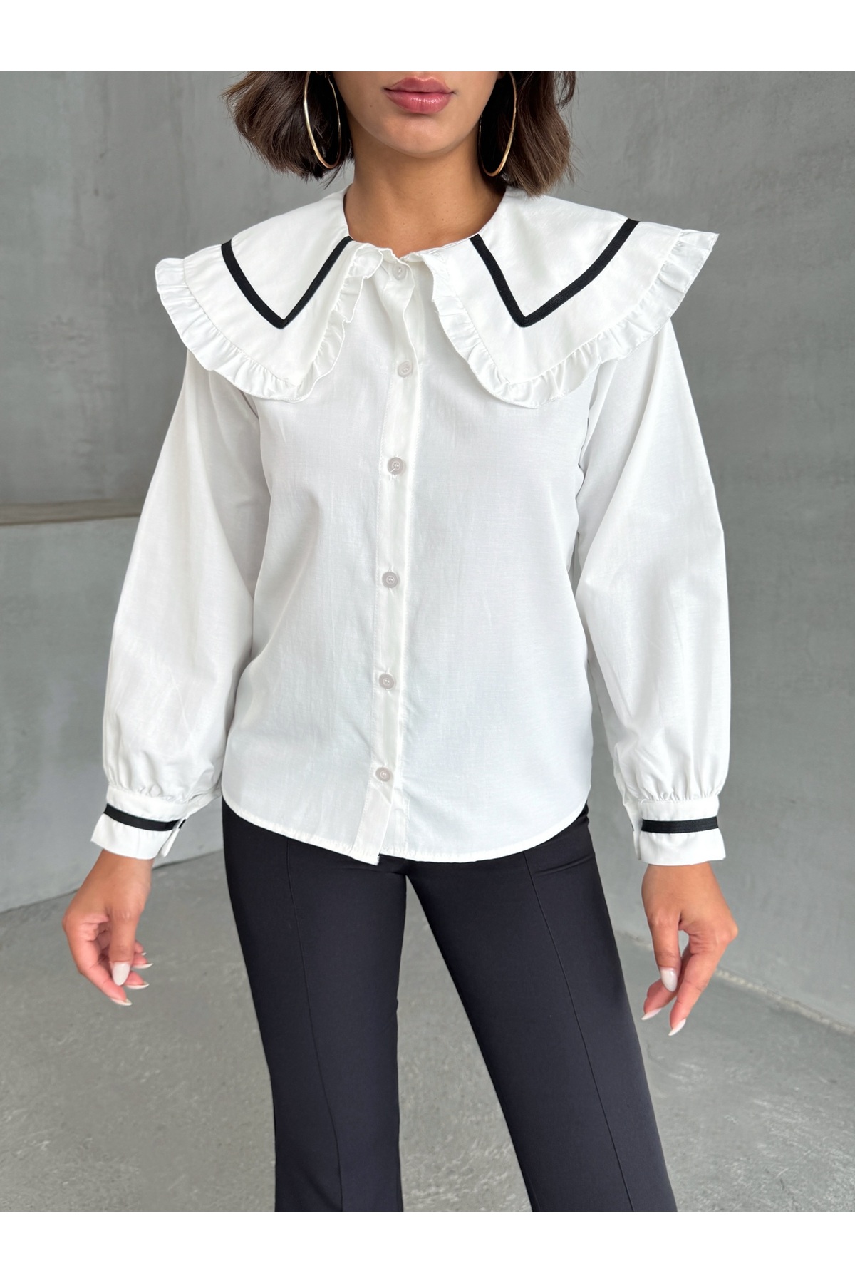 Lusin  Kadın Beyaz Şık Yaka Detaylı Uzun Kol Gömlek - Görsel 5