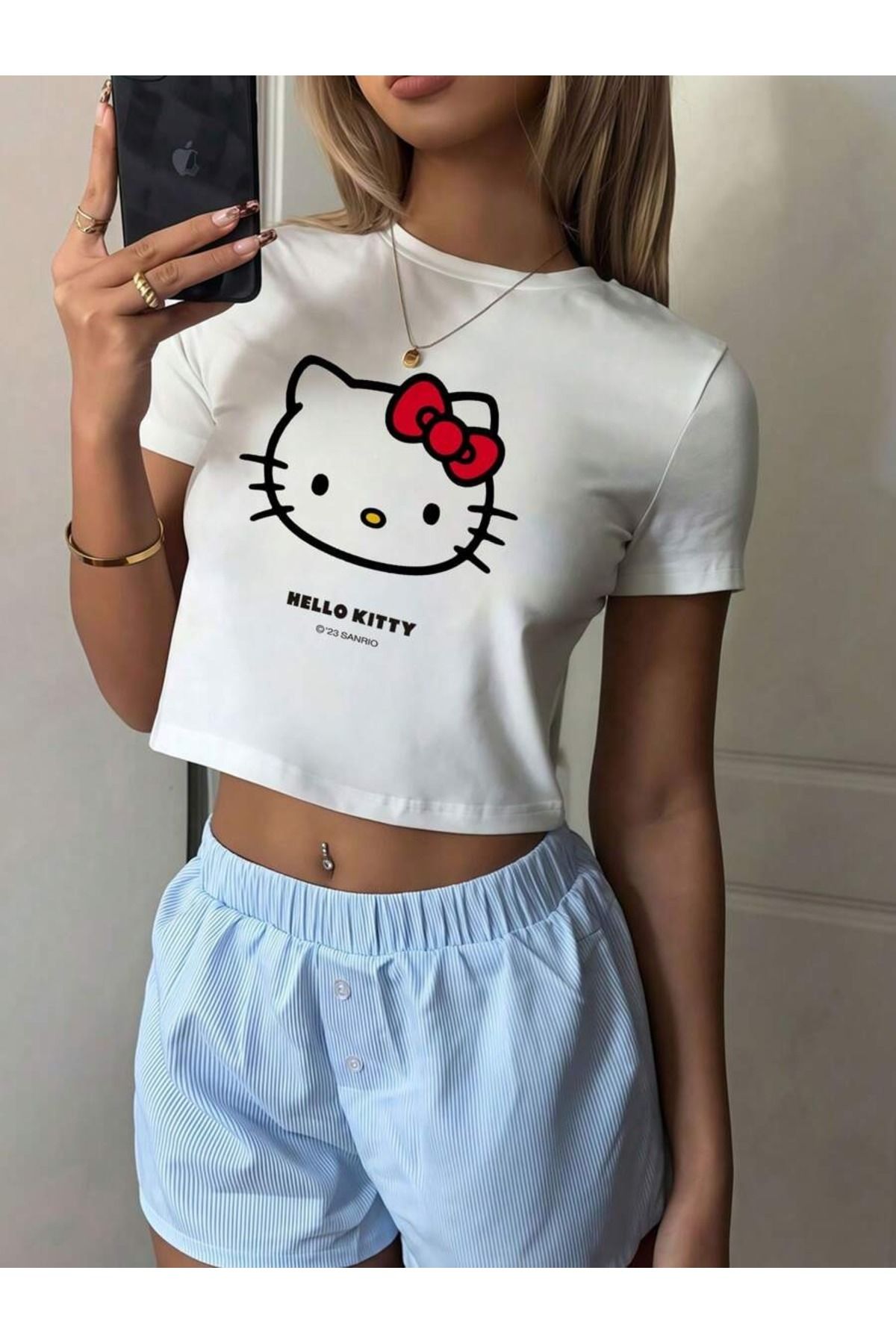 OVER HEAD Kadın Hello Kıty Baskılı Baby Tee Crop T-shirt