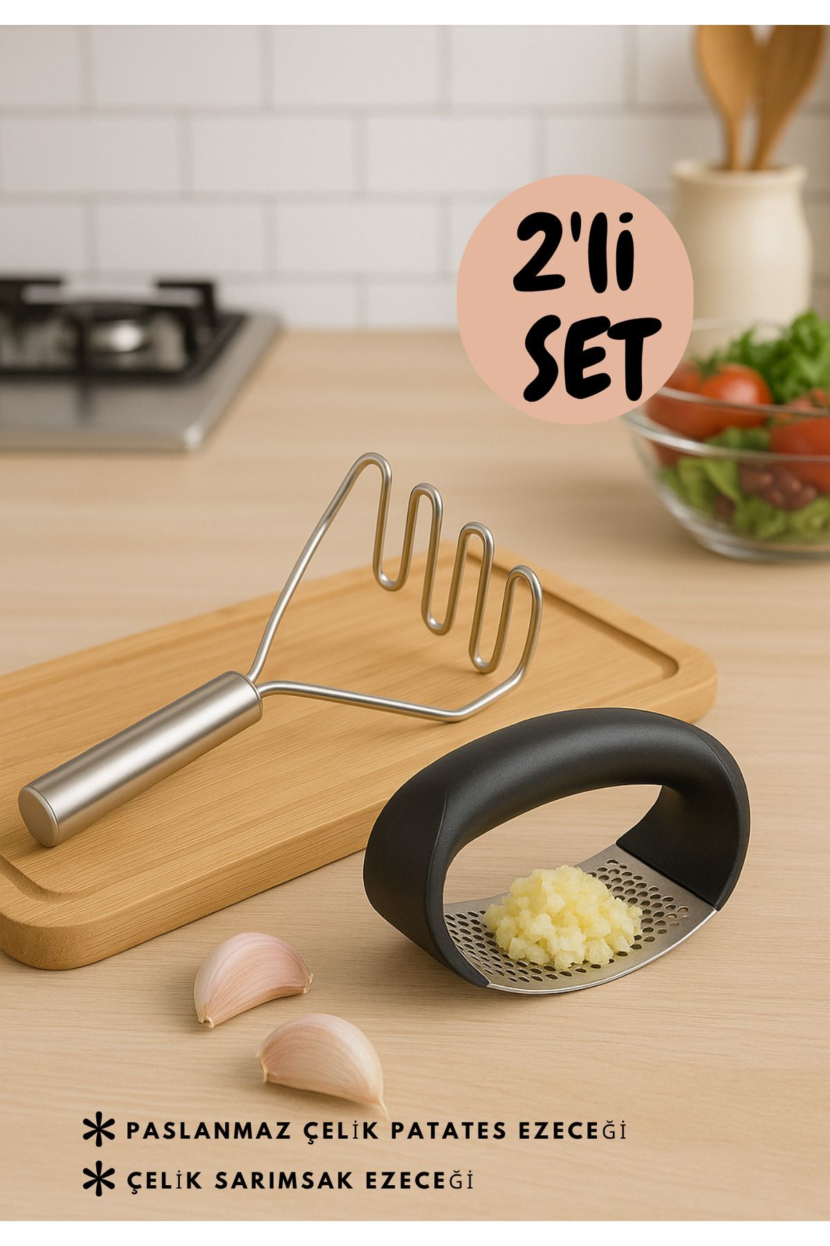 BRE HOME Paslanmaz Çelik Patates Ezici & Sarımsak Ezici Seti – Ergonomik Saplı Mutfak Gereçleri
