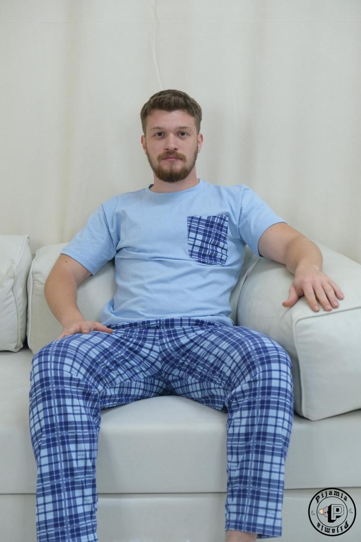 Pijamia AÇIK MAVİ EKOSE DESENLİ KISA KOL ERKEK PİJAMA TAKIMI