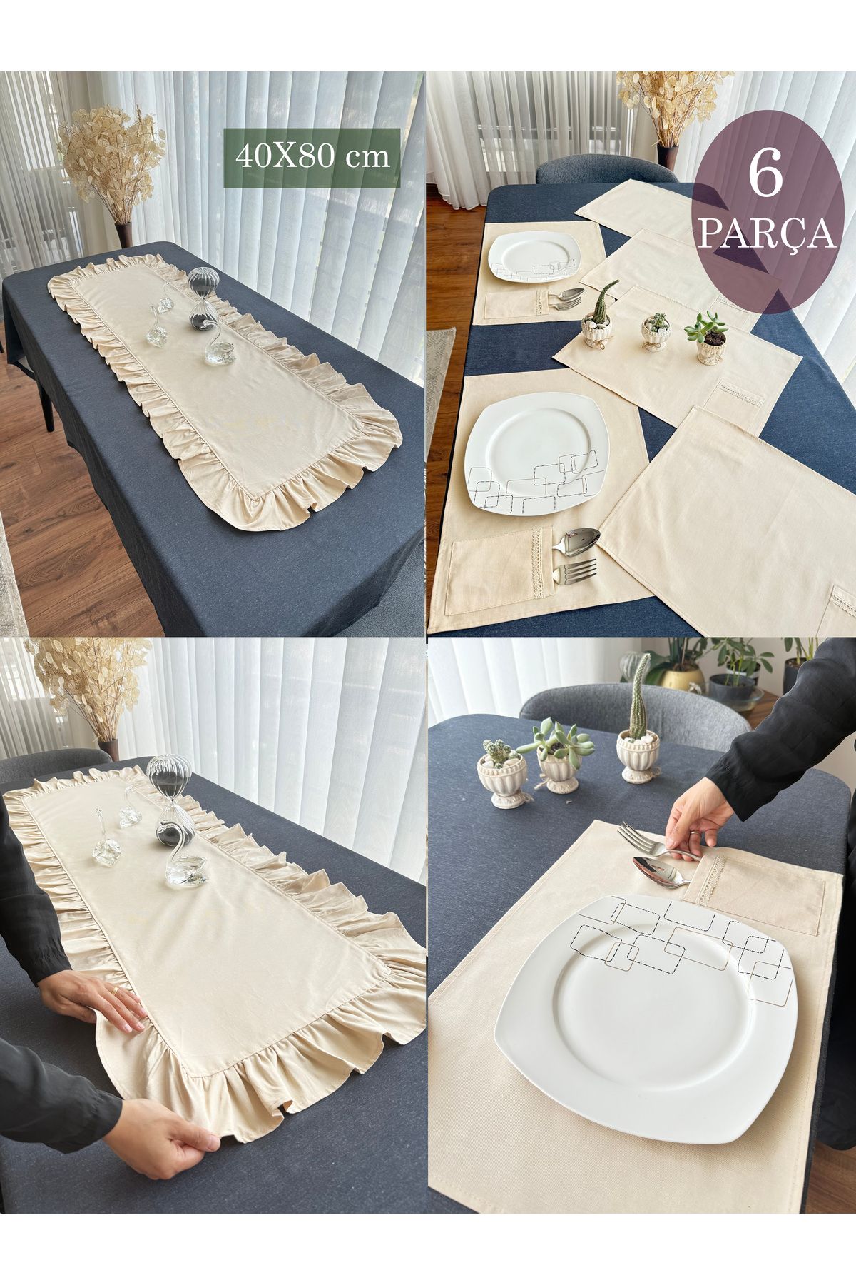 ARS DT Fırfırlı Otantik 40x80cm RUNNER ve 6 Parça Dantelli Cepli AMERİKAN Servis Takımı