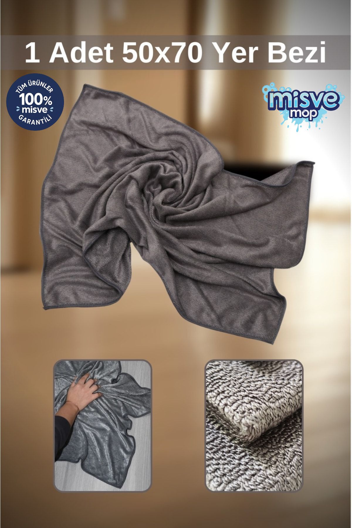 Misvele MisveClean Özel Seri Mikrofiber Gri Renk Parlak Yer Bezi Büyük Boy 50*70 Cm
