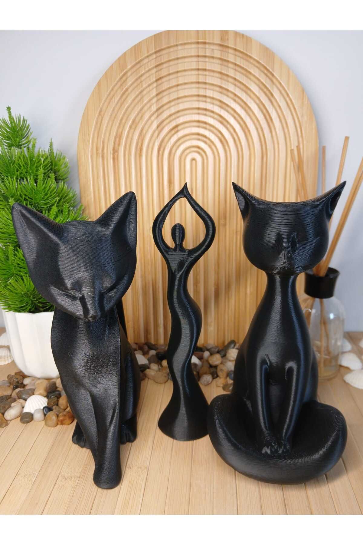 Aslan Kedi & Dans Şeklinde Kadın Biblo Seti / 3 Lü Dekoratif Figür