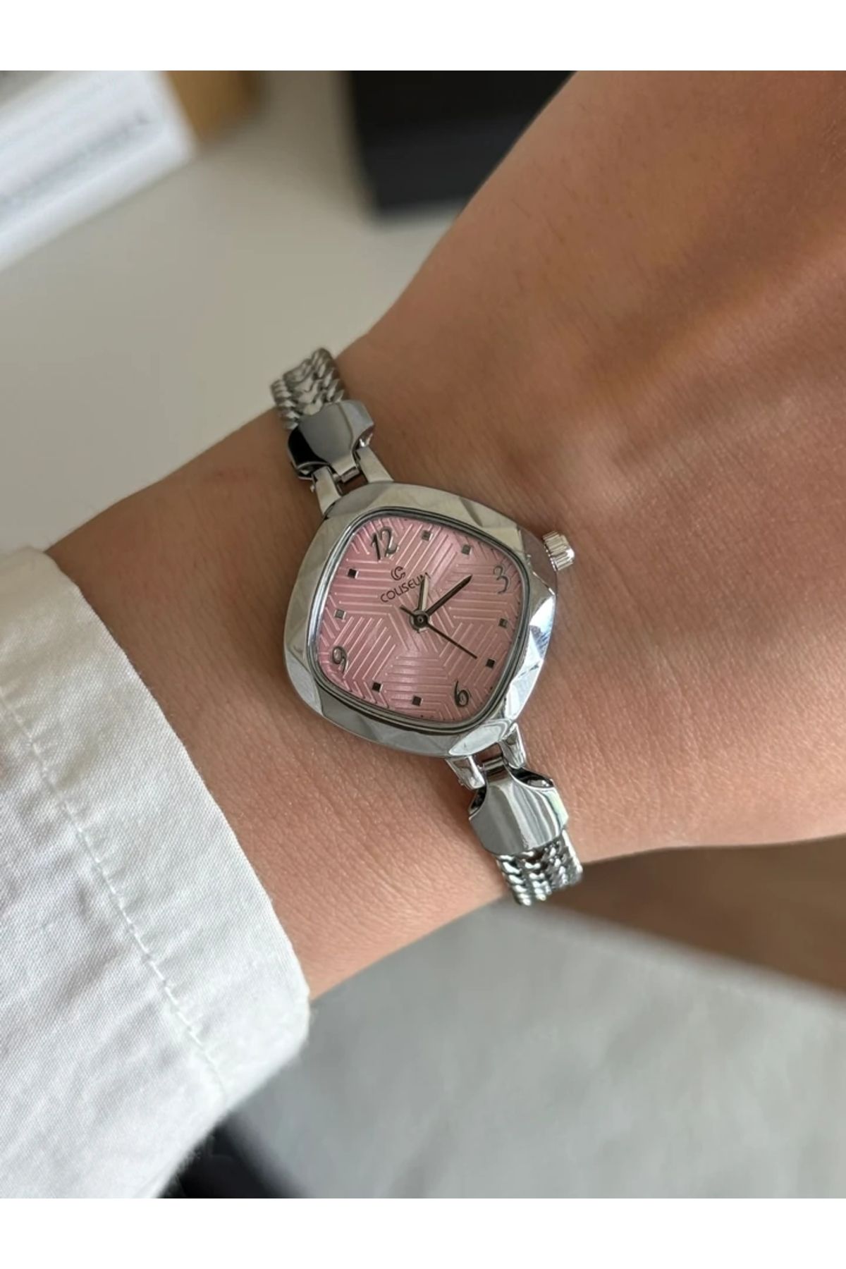 RoseandRoses Feruzea Örgü Zincir Kordon Minimal Kadın Kol Saati Gümüş (Pembe Kadran)