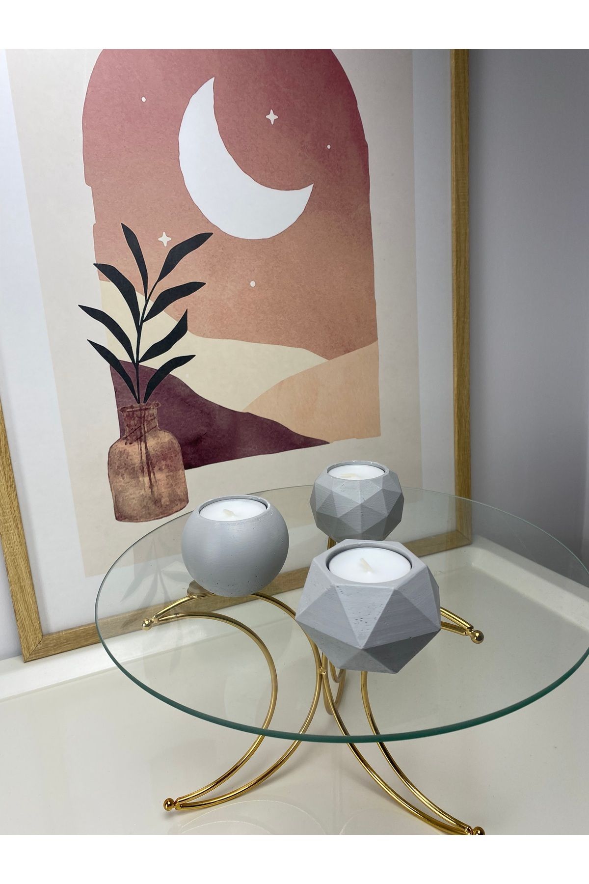 Saatistan Modern gri ve pembe tealight mumluk seti, şık ve zarif dekorasyon için ideal.