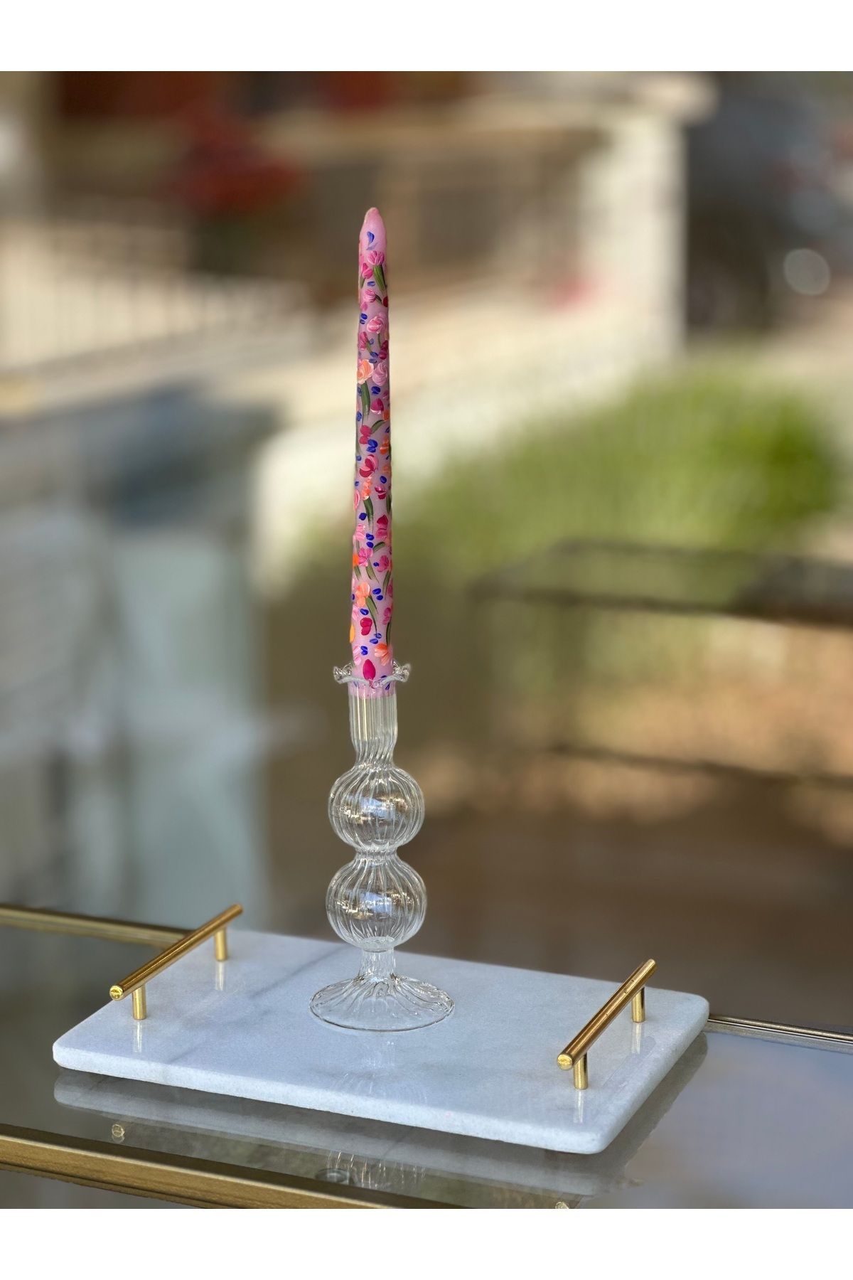 Saatistan El Yapımı Çizgili Üfleme Cam Mumluk, 2'li Set, Beyaz Renk