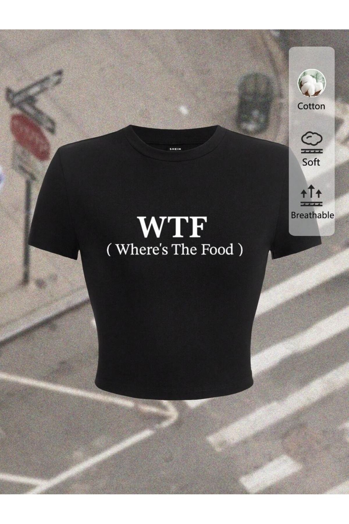 OVER HEAD Kadın Where's The Food Baskılı Baby Tee Crop T-shirt