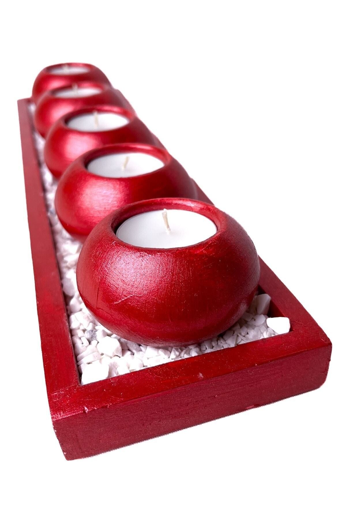 Saatistan Beşli Kırmızı Yuvarlak Tealight Mumluk Seti, Dikdörtgen Sunum Tepsili