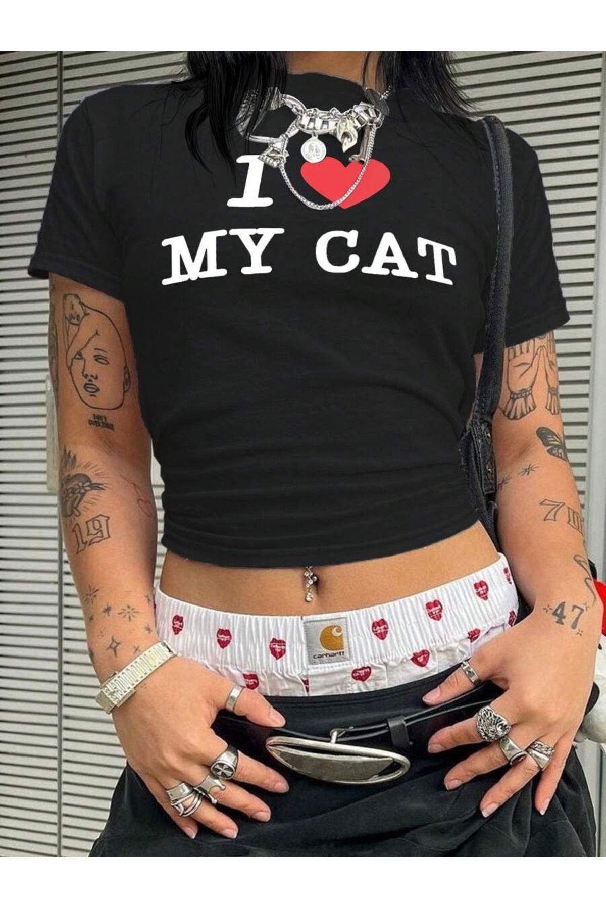 OVER HEAD Kadın Kedi I Love My Cat Baskılı Baby Tee Crop T-shirt