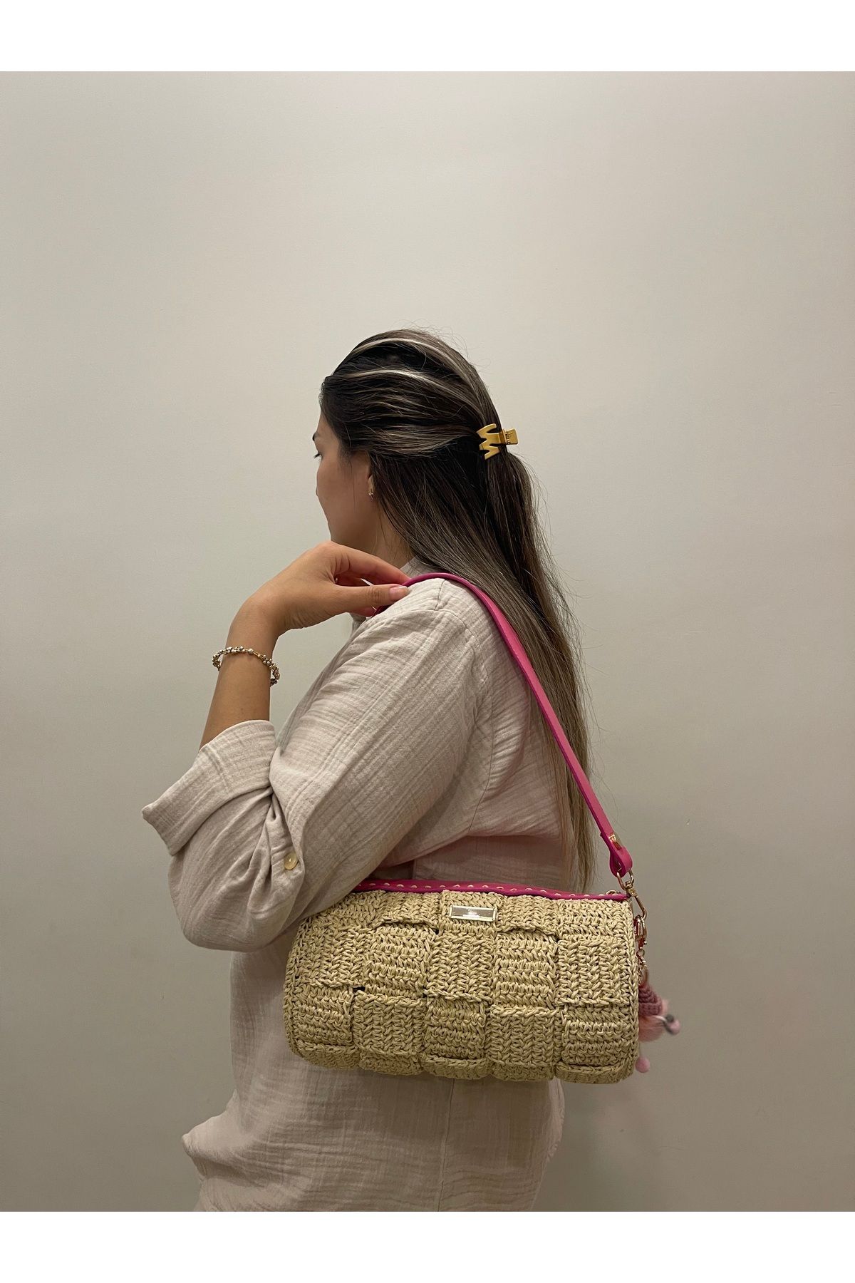 Matmazel Bags Deri detaylı Silindir omuz çantası Fuşya pembe