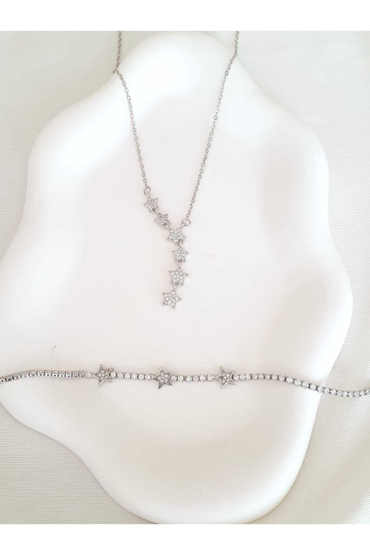 bijoux uniques Çelik Gümüş Kayan Yıldız Kolye&Bileklik Set