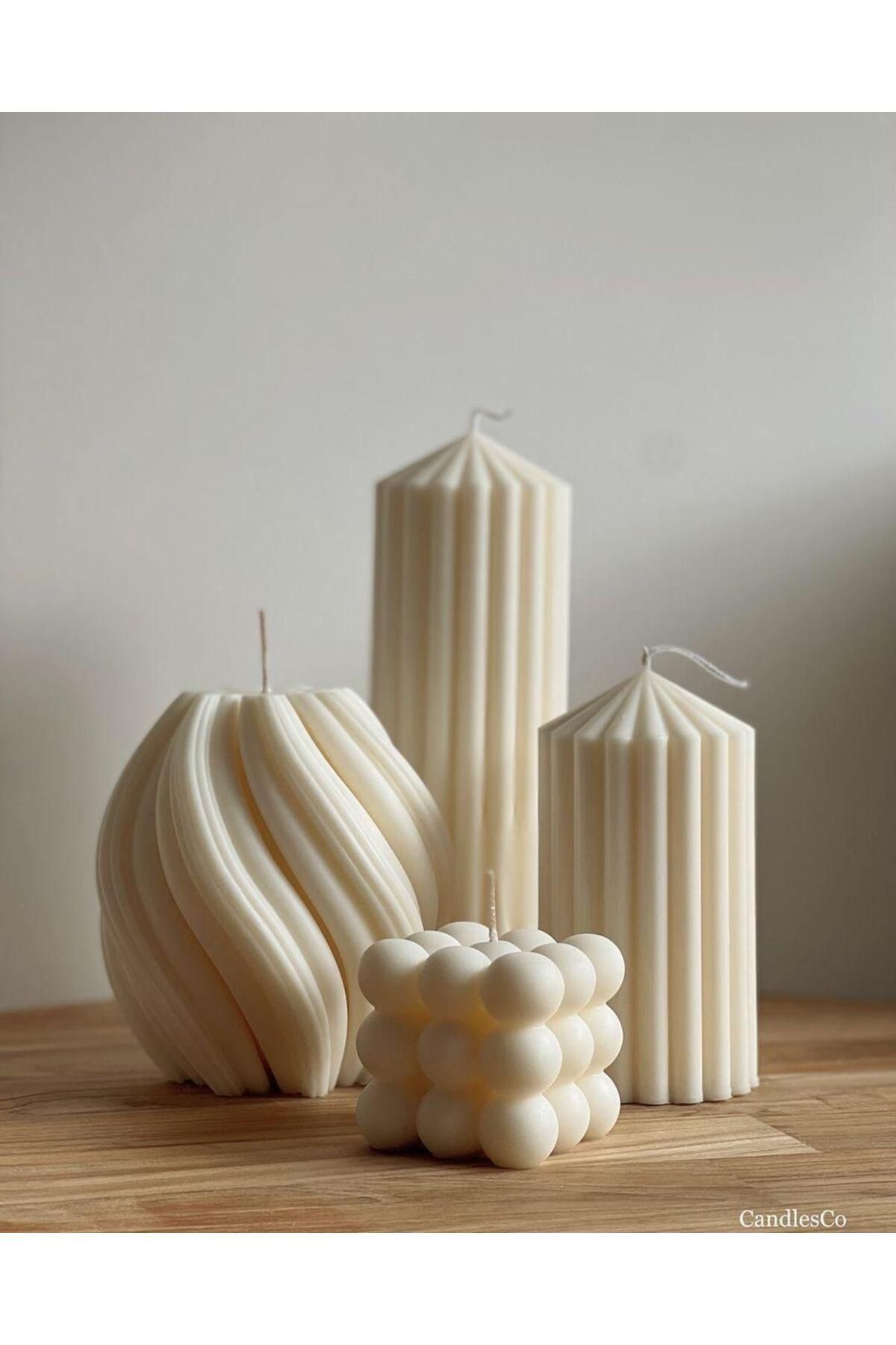 SCA CANDLE Dekoratif Mum çokgen 20 Cm+15 Cm +Rattan +Dalga Mum toplam 4 parça