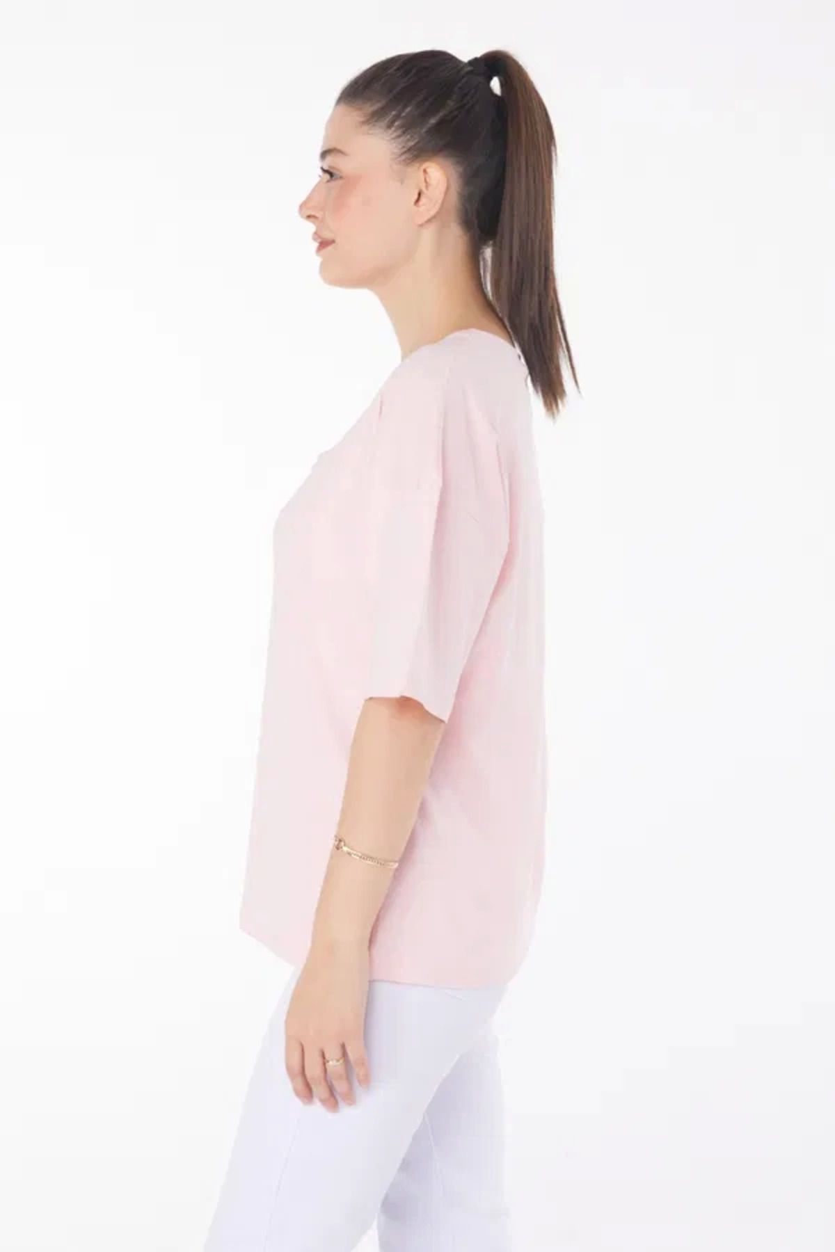 Omarı Pembe Rahat T-Shirt Modası