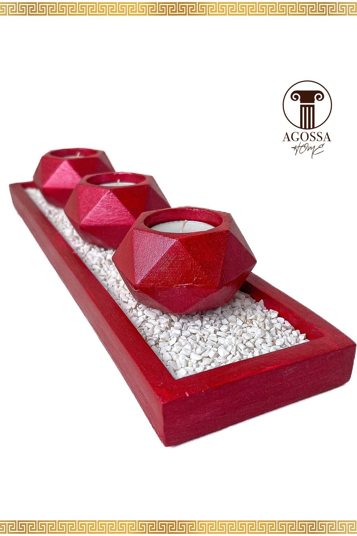 Saatistan 3'lü Tealight Prizma Mumluk Seti, Taşlı Sunum Tepsisi, Kırmızı Renkli, Şık Tasarım