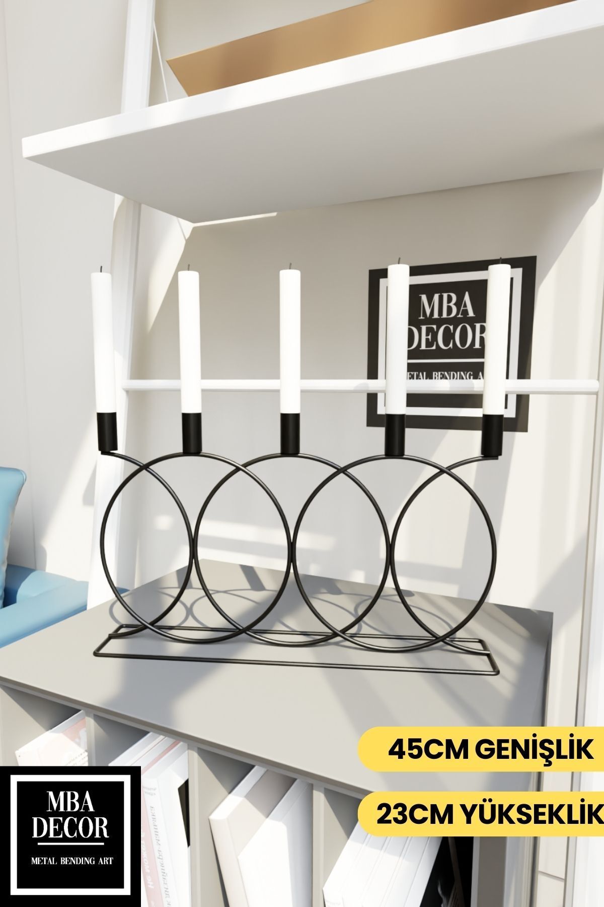 Saatistan Şık Siyah Metal Geometri Şamdan, 45cm, Ev ve Masa Dekoru