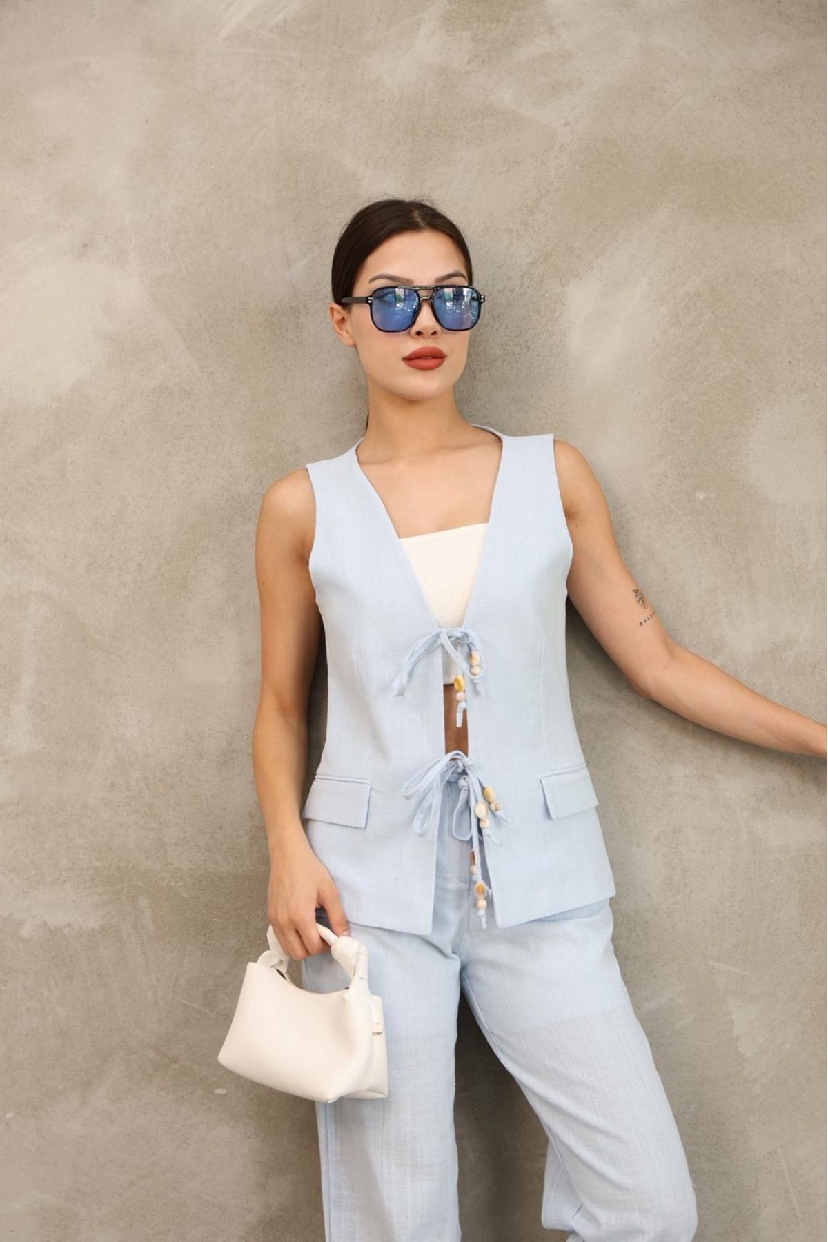 Ekim Store Keten Crop Blazer Yelekli Pantolonlu Takım
