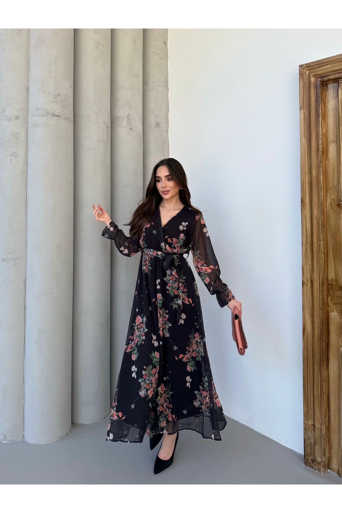 Anna Moda Mini Güllü Kruvaze Yaka Astarlı Şifon Elbise