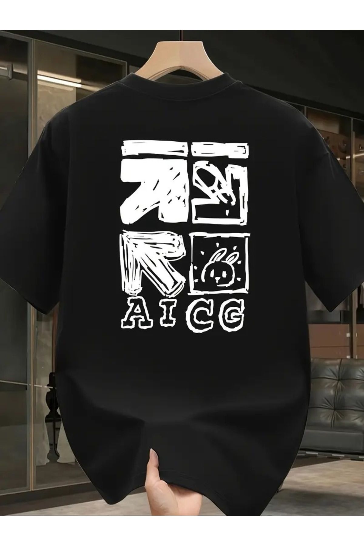 Hunors Sportswear & Company Unisex Kadın/Erkek Oversize Baskılı Pamuklu Bisiklet Yaka Kısa Kollu SİYAH T-shirt