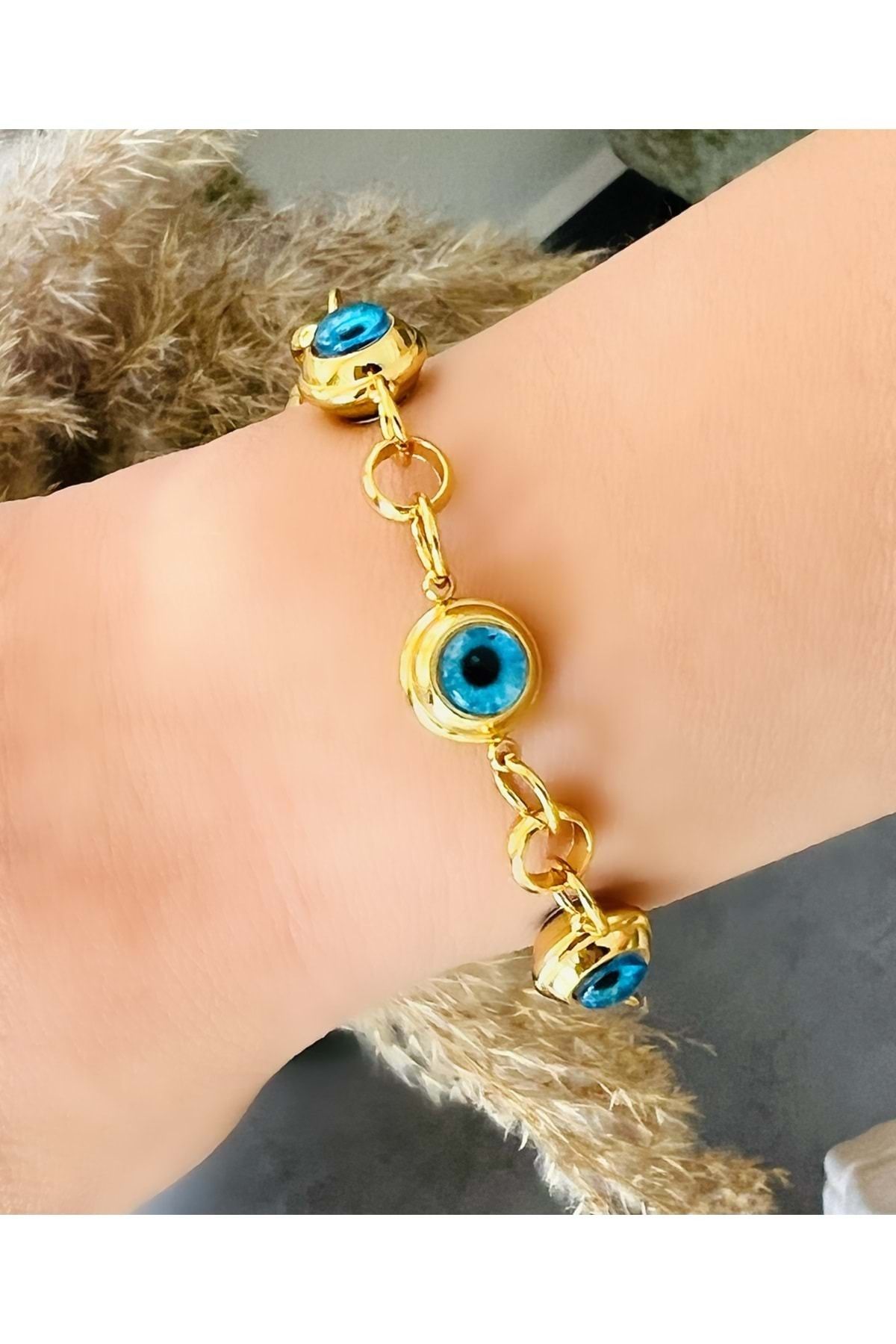 ACAR TAKI DÖRT SIRA BÜYÜK NAZAR BONCUKLU ÇELİK BİLEKLİK 15+6 CM-GOLD ACR5066