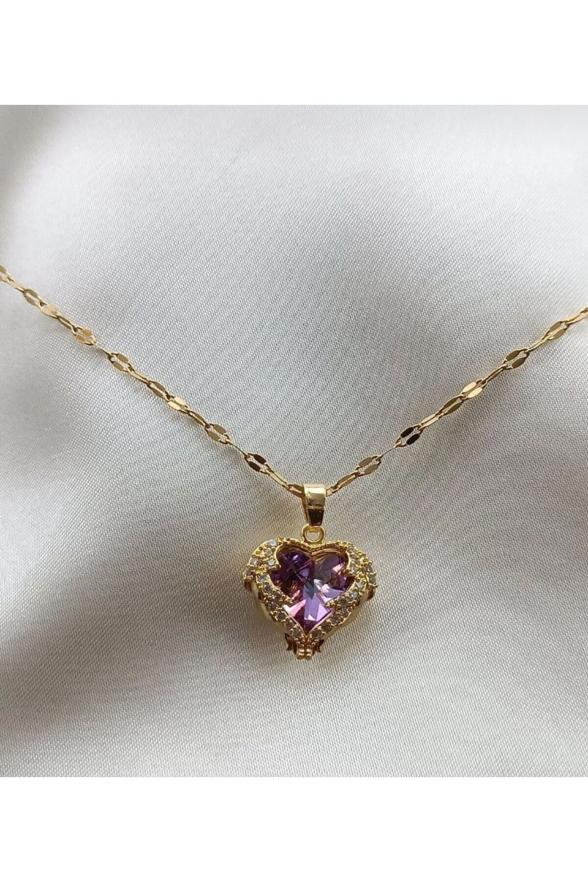 hy collection RENKLİ ZİRKON KALPLİ TAŞLI ZARİF ÇELİK KOLYE