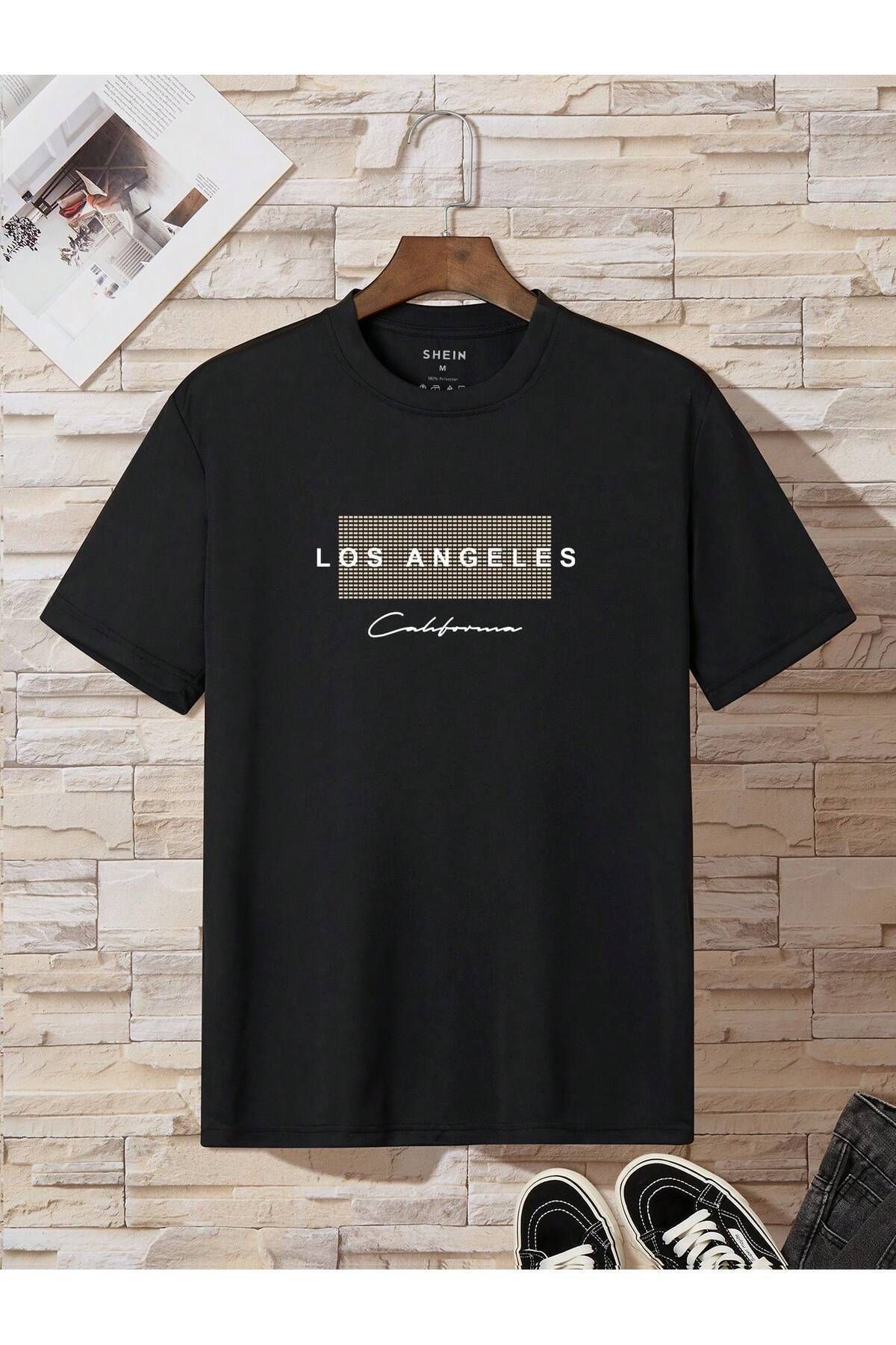 Hunors Sportswear & Company Los Angeles Tasarım T-Shirt - Siyah Baskılı Oversize Bisiklet Yaka Kısa Kol Tişört