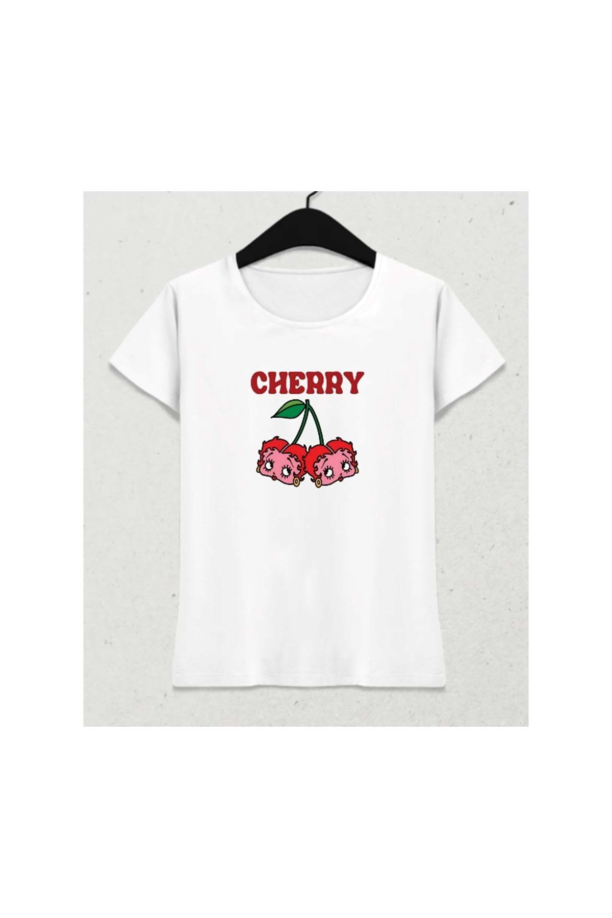 HENA DİZAYN Crimson Cherry Vibes – Feminine Fit T-Shirt Beyaz