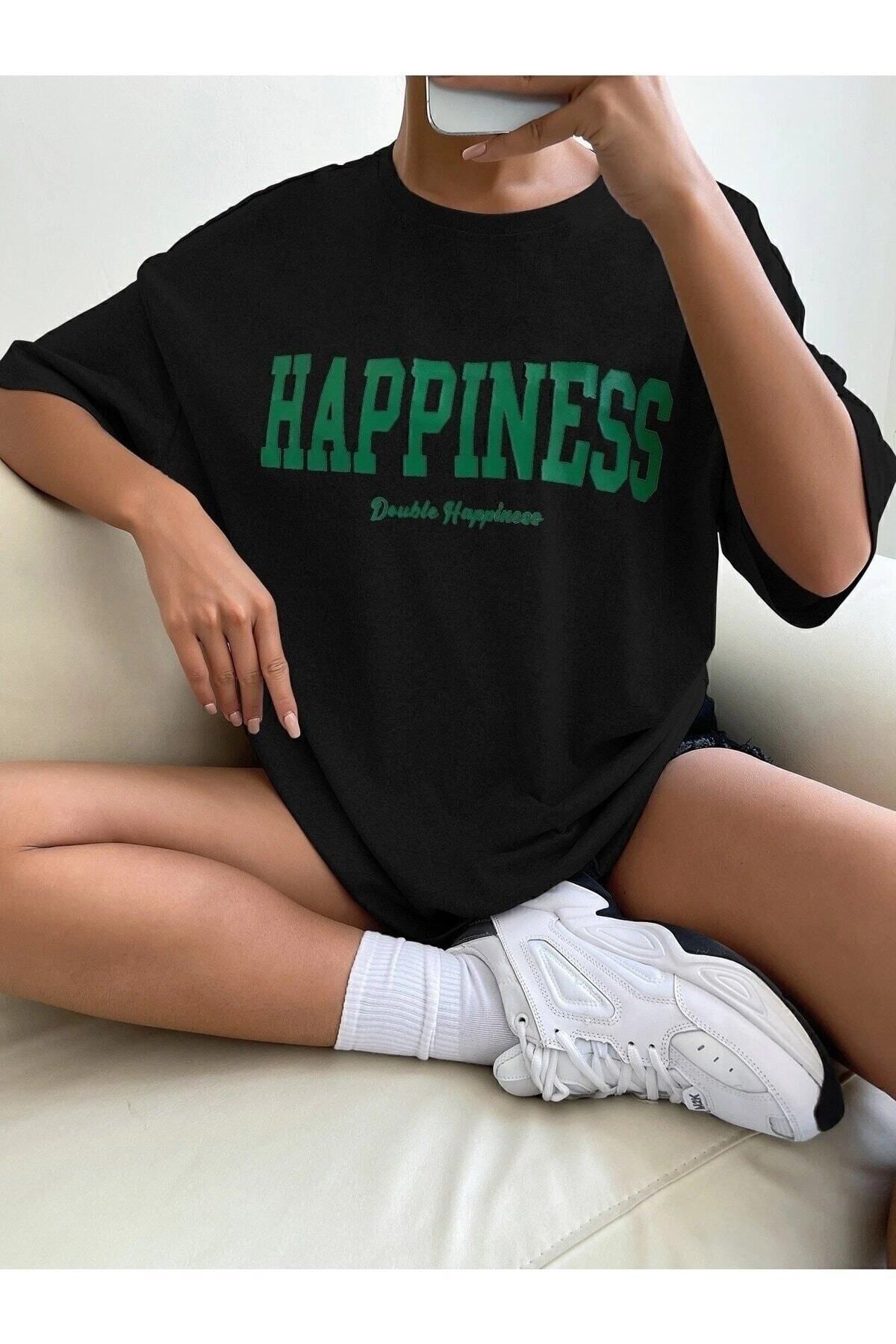 Hunors Sportswear & Company Kadın Happıness Baskılı Oversize Tshirt