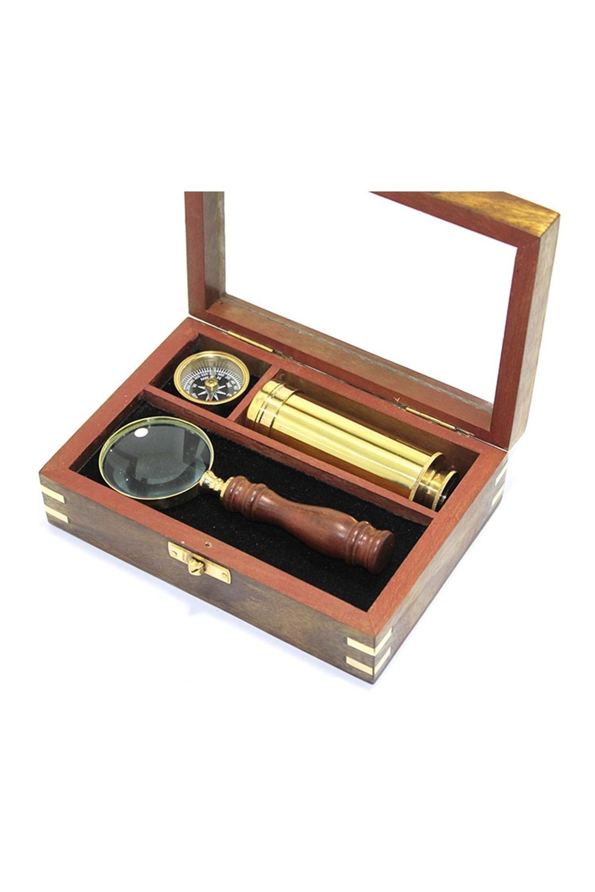 Store Ahşap Kutulu Pirinç Pusula Dürbün Ve Büyüteç Seti 17*13 Cm