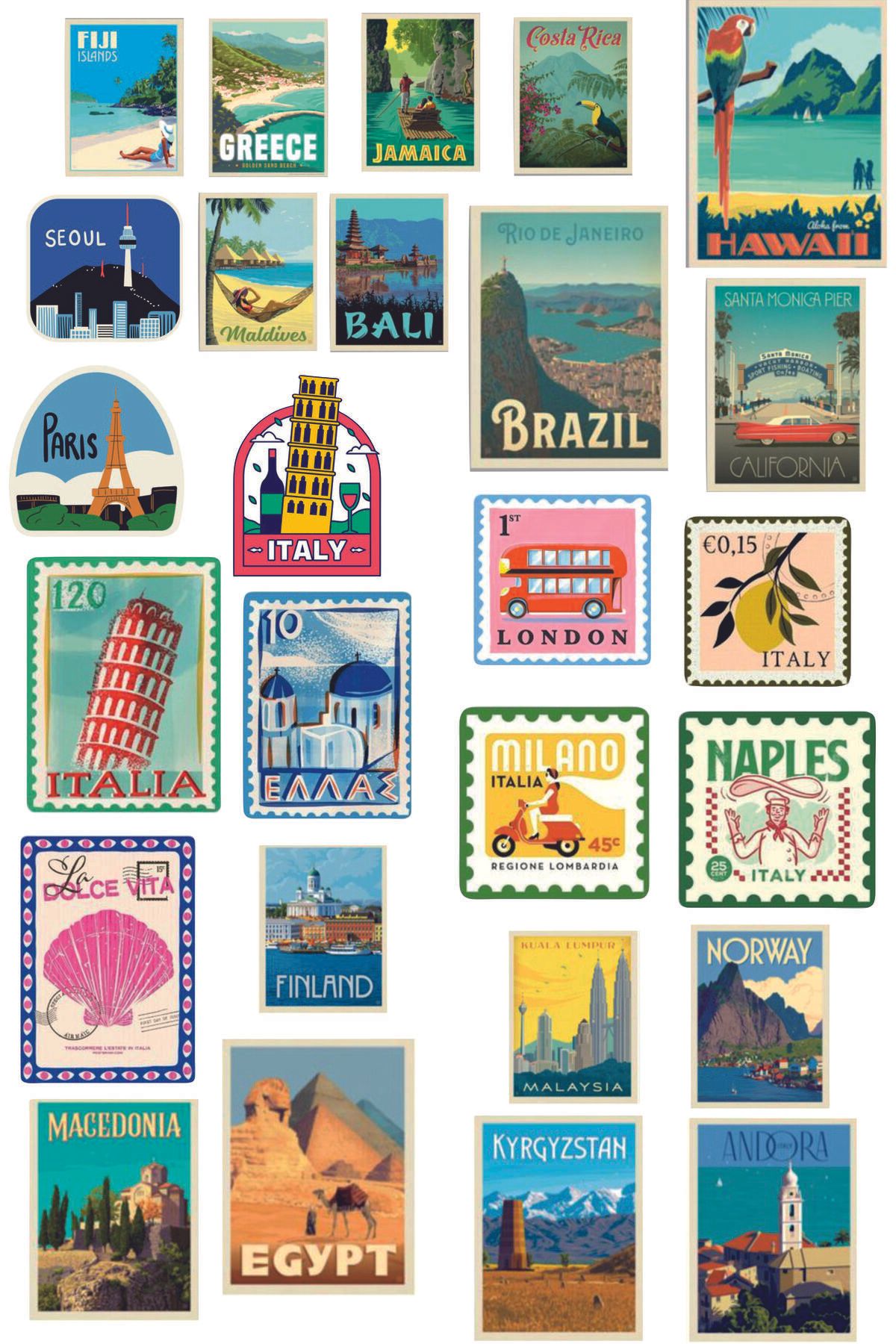 Tasarım Pul Temalı Sticker Seti/bullet Journal, Seyahat, Laptop, Scrapbook, Ajanda, Defter Için