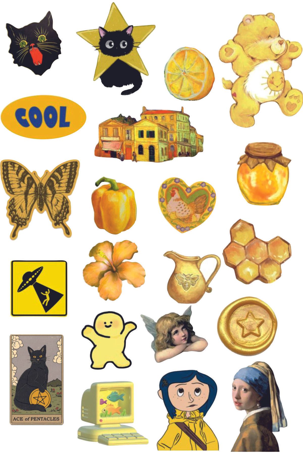 Tasarım Sarı Temalı Sticker Seti/bullet Journal, Seyahat, Laptop, Scrapbook, Ajanda, Defter Için