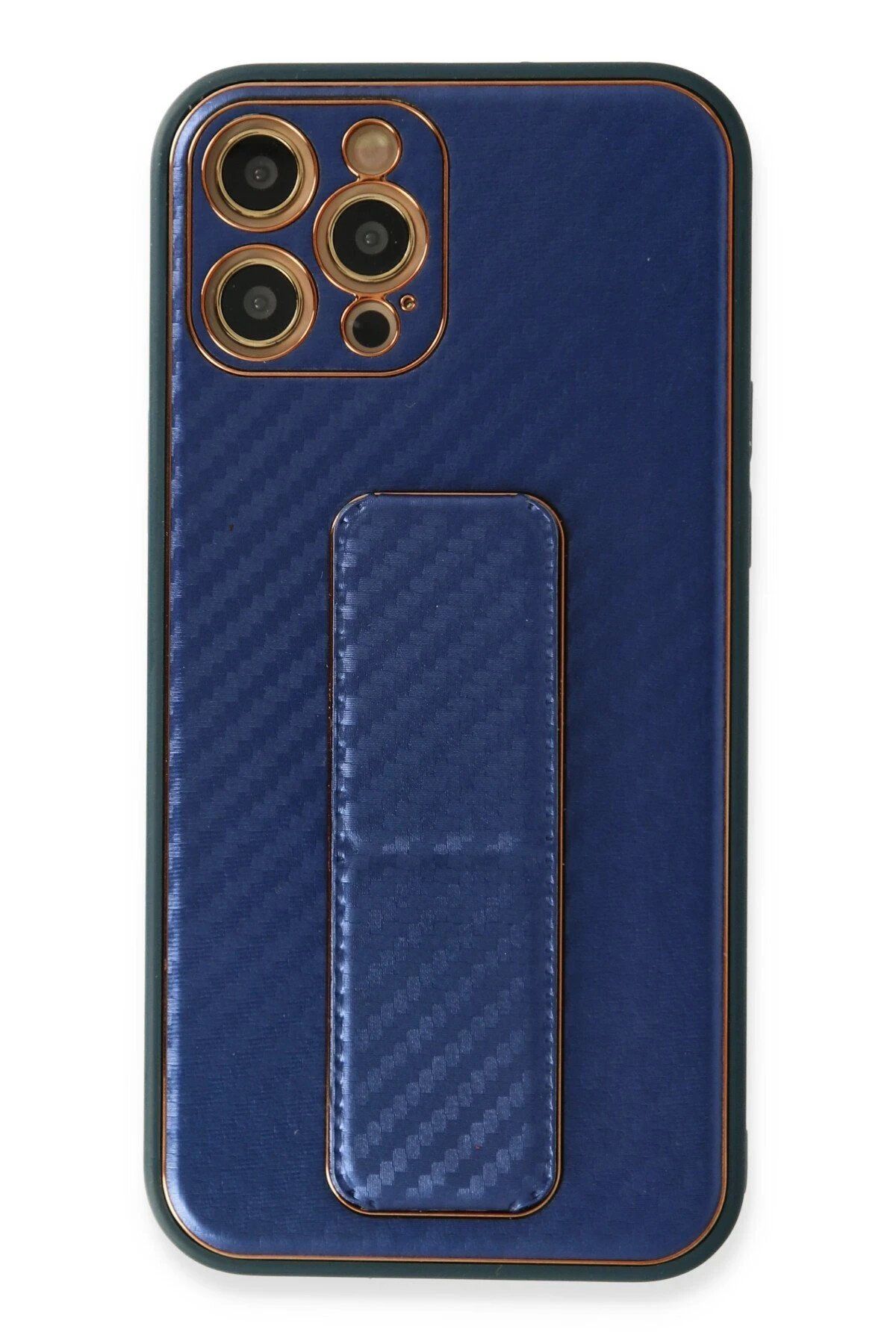 CepteToptan Newface iPhone 12 Pro Kılıf Coco Karbon Standlı Kapak - Mavi