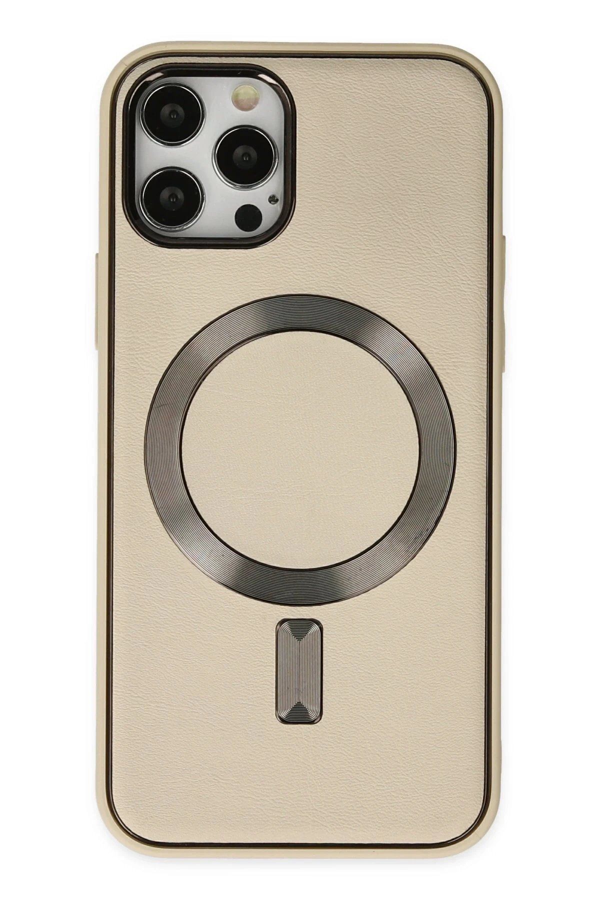 CepteToptan Newface iPhone 12 Pro Max Kılıf Coco Deri Magneticsafe Silikon - Krem