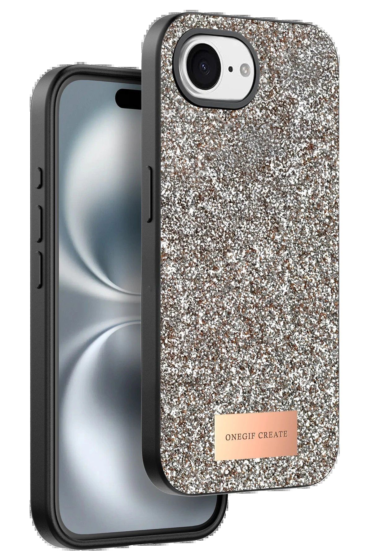 CepteToptan Onegif Apple iPhone 16E Bright Simli Kapak - Çöl Titanyum