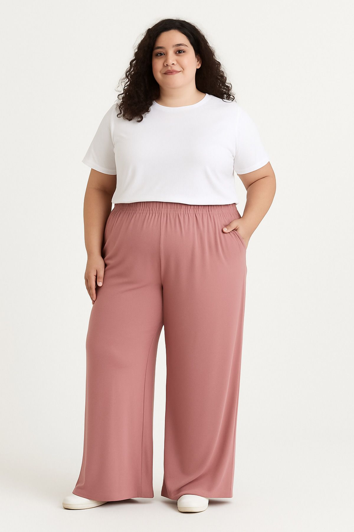 Cherry Lane CherryLane Toz Pembe Büyük Beden Yüksek Bel Bol Paça Pantolon