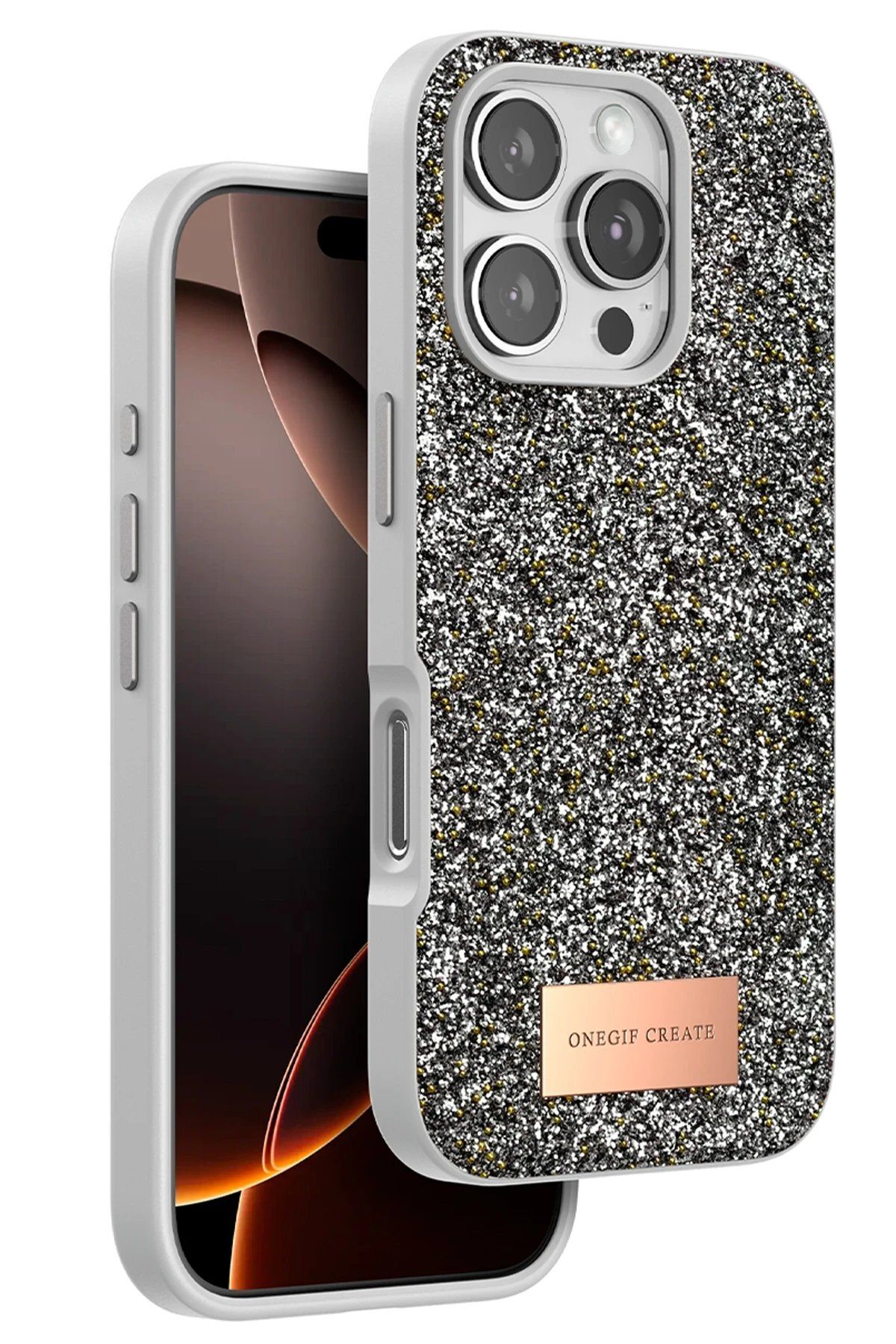 ONEGIF iPhone 16 Pro Max Bright Simli Kapak - Gümüş